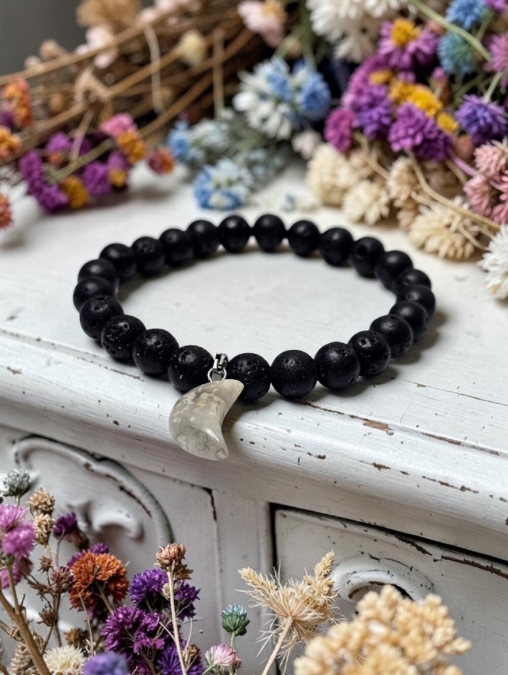 Black Lava Bead Bracelet with Gray Moon Charm